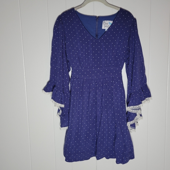 Modcloth × Bea & Dot Polka Dot Lace Trim Bell Sleeve Belted Mini Dress Pin Up XL - Picture 2 of 13